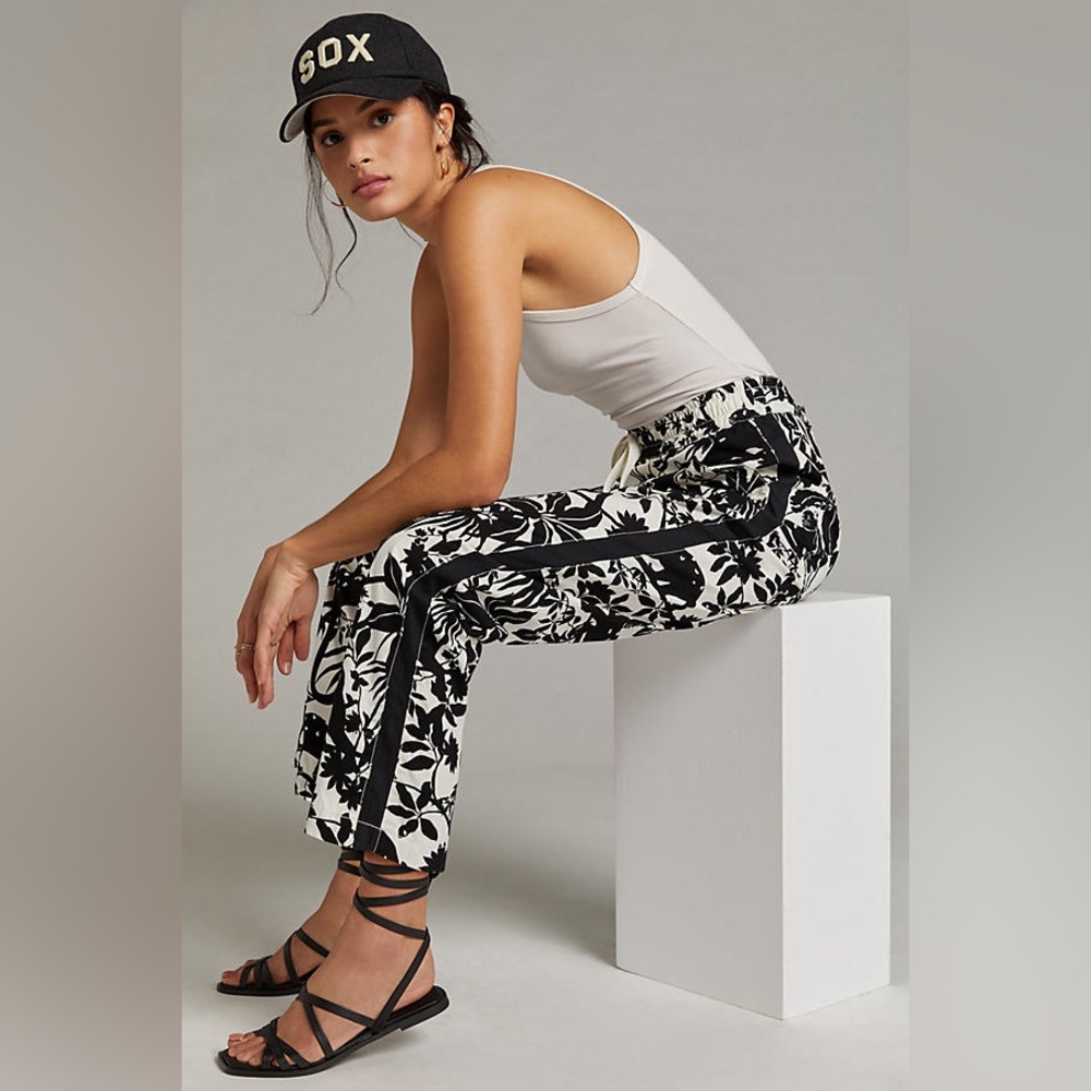 Anthropologie Maeve Tenley Track Pant in Black & White Jungle Cat Motif Small